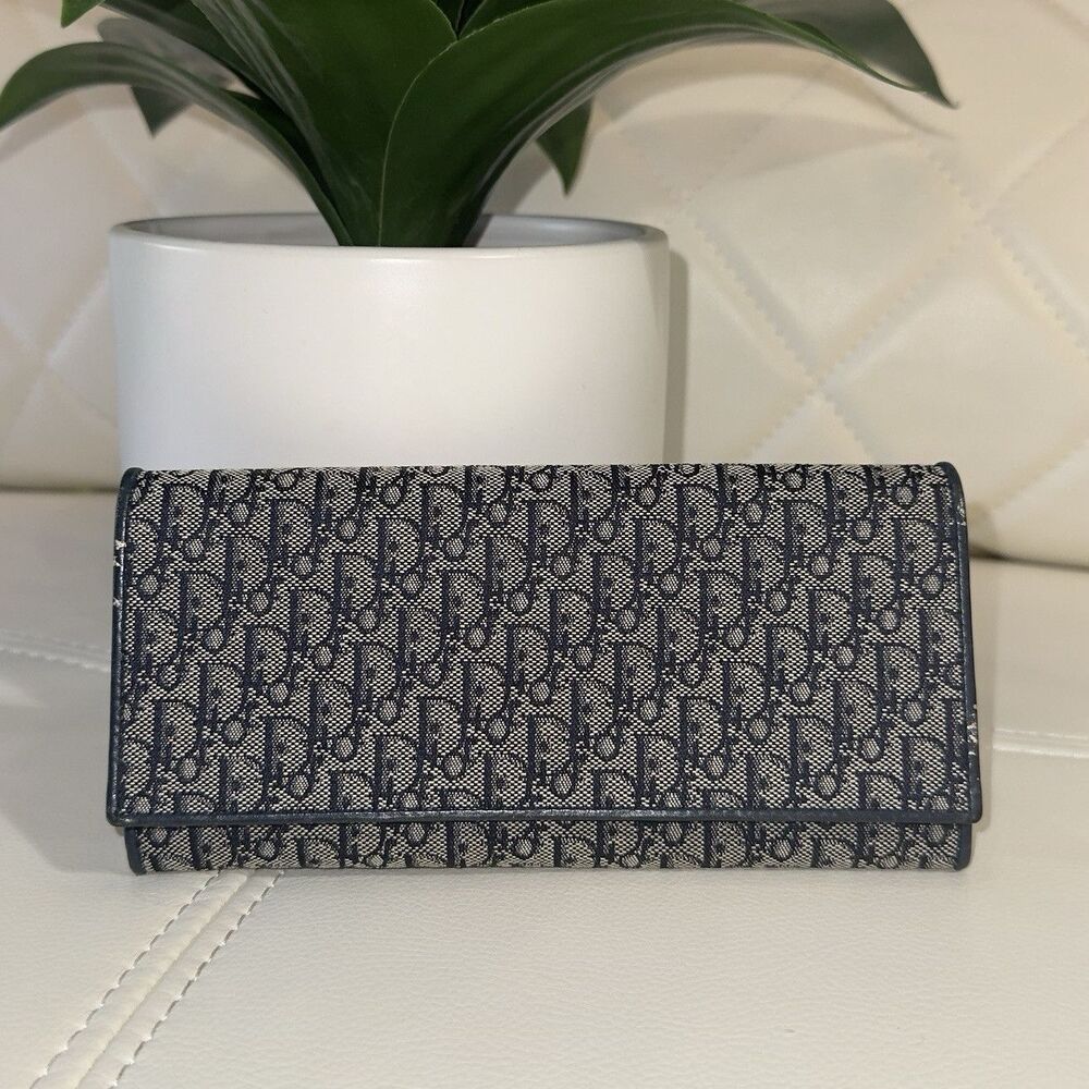 Dior Oblique Monogram Long Flap Women's Wallet Blue Beige Credit Card